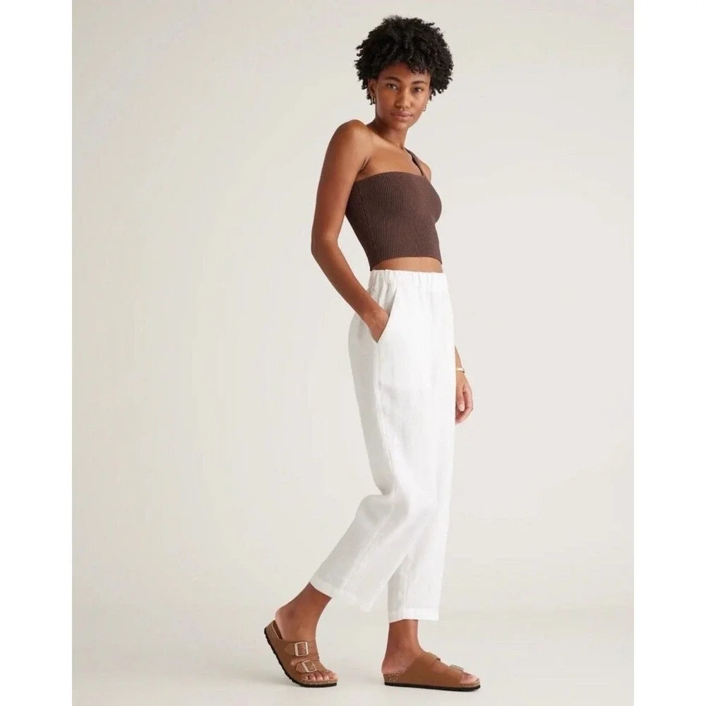 Quince Sz S European Linen Pants White Elastic Waist Straight Leg 24